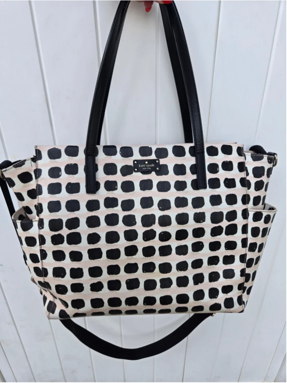 Kate Spade Large Dot Print Tote Bag Black Cream Nylon Crossbody Shoulder Bag
